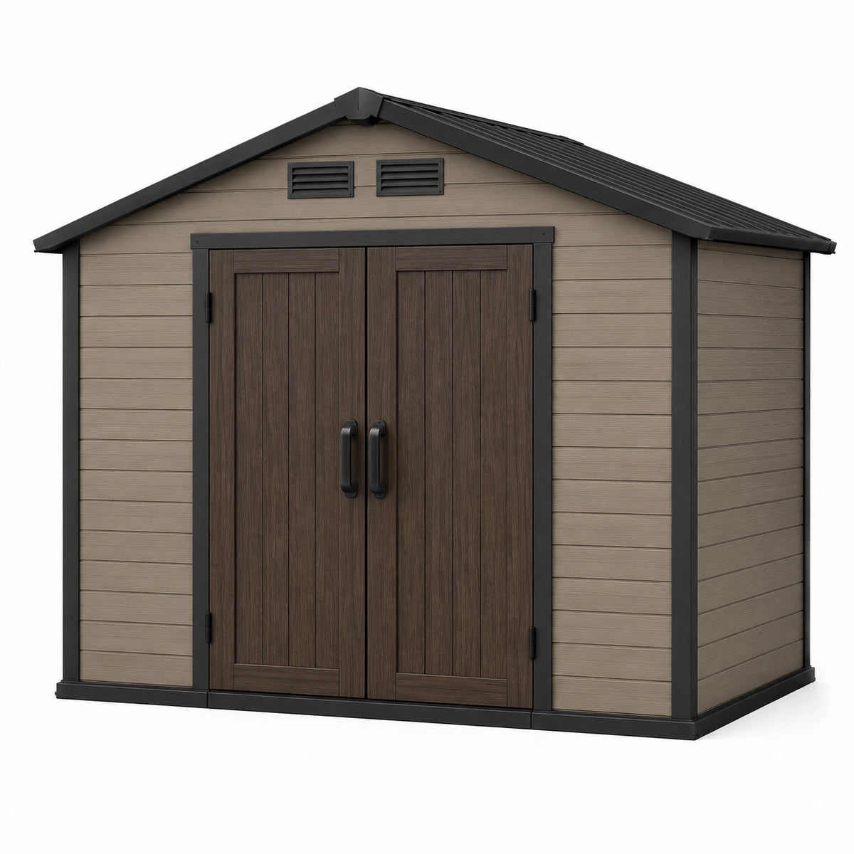 Abri de jardin 240 x 180 x 210 cm en résine beige et brun à double porte style contemporain