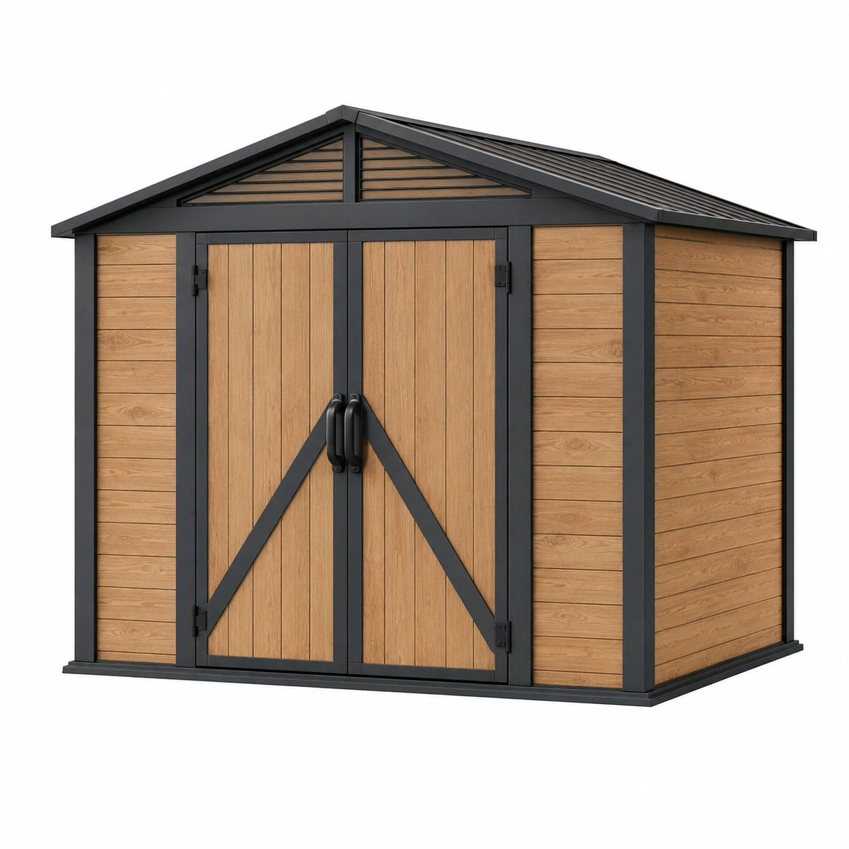 Abri de jardin 200 x 150 x 200 cm panneaux effet bois marron structure métallique noire avec portes doubles contemporain
