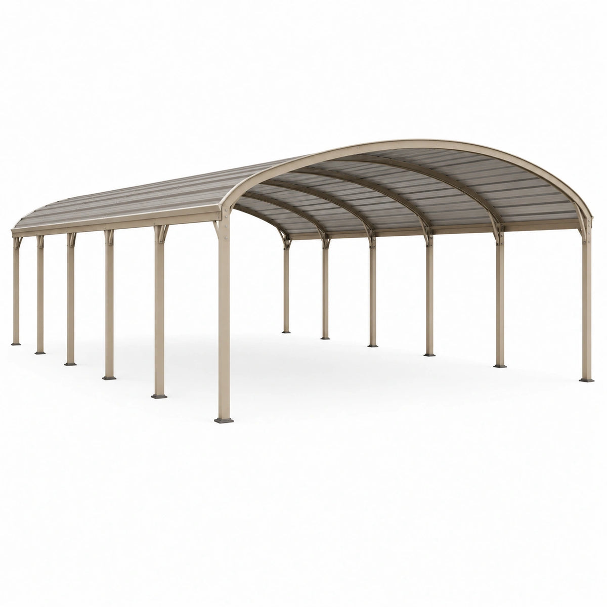 Abri voiture 600 x 300 x 280 cm en métal beige avec toit arqué transparent pour extérieur