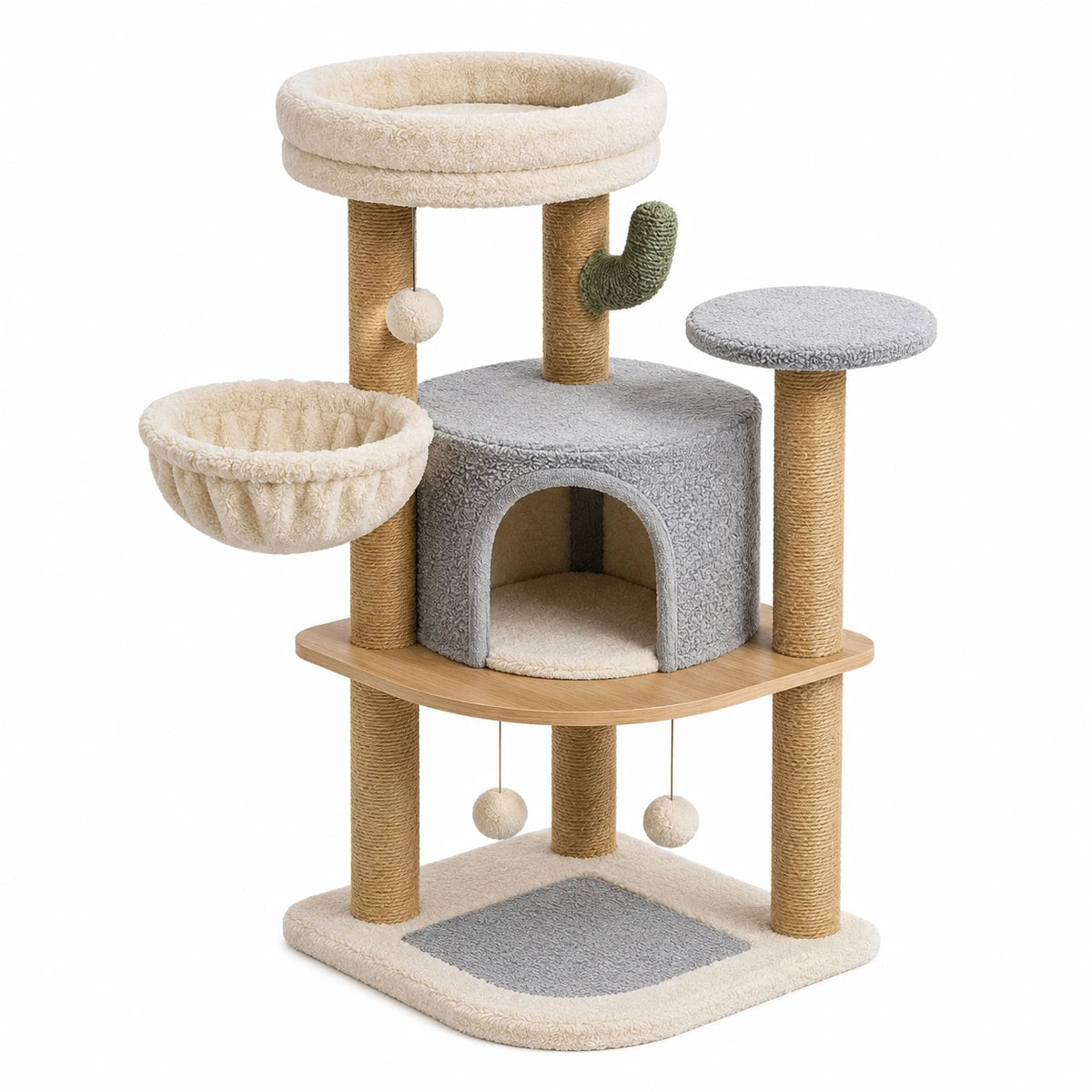 Arbre à chat 60 x 50 x 135 cm en sisal beige gris avec niches et plateformes