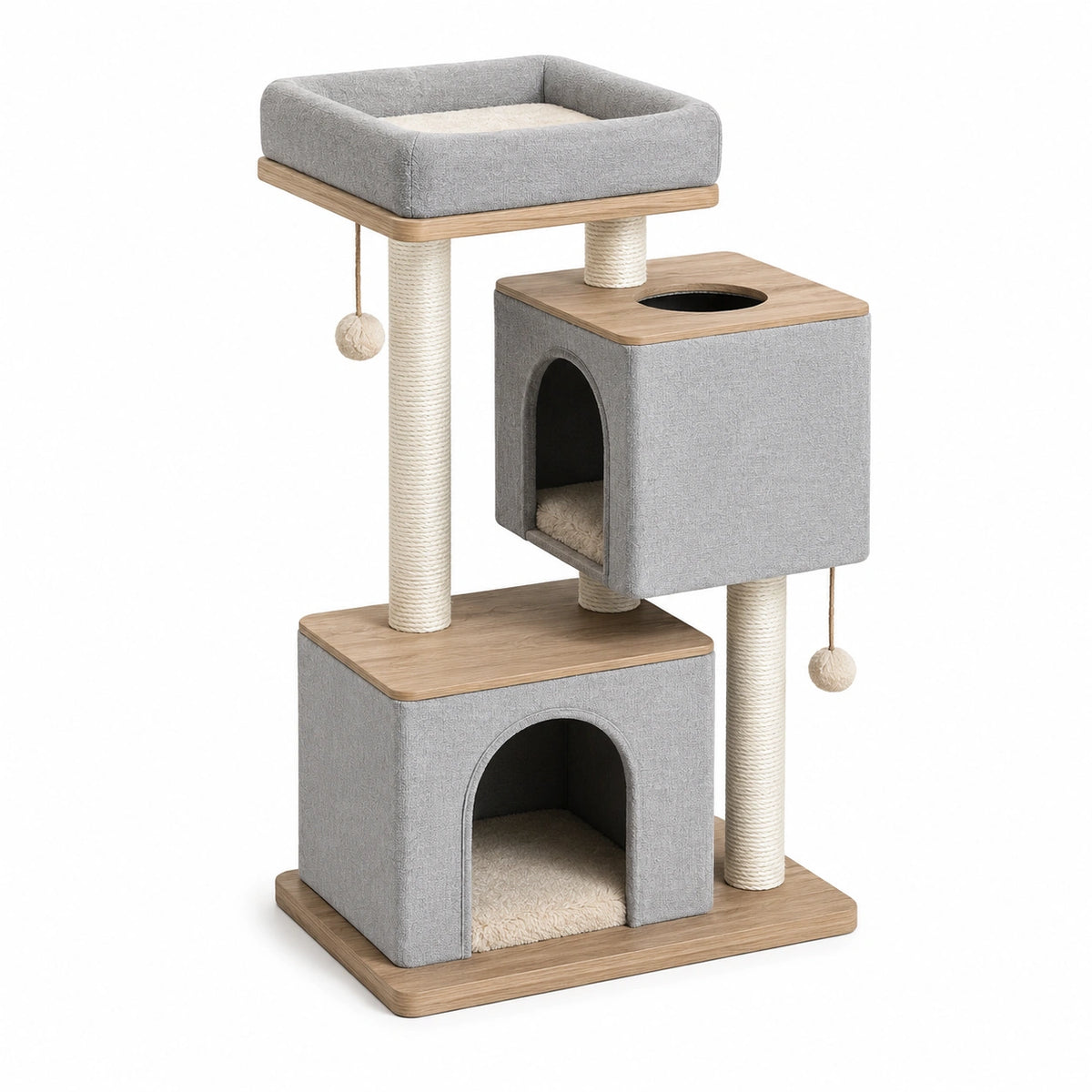 Arbre à chat 60 x 50 x 120 cm gris et naturel en tissu et sisal avec niches griffoirs et plateforme