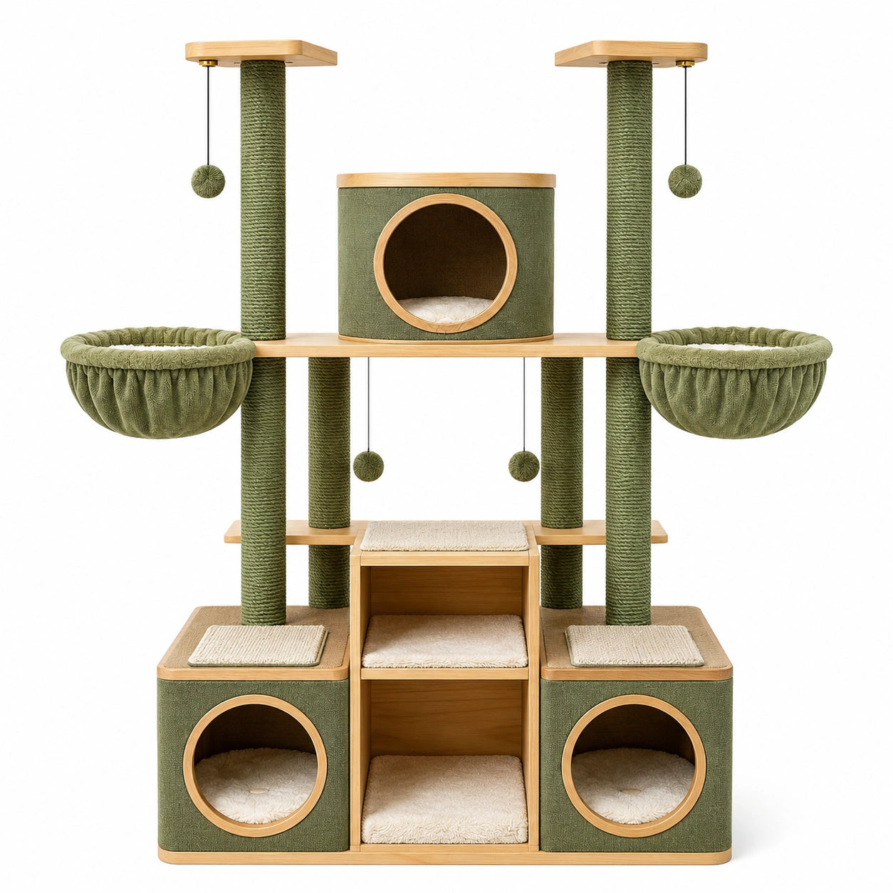 Arbre à chat 120 x 60 x 180 cm en bois vert avec poteaux en sisal et niches de repos