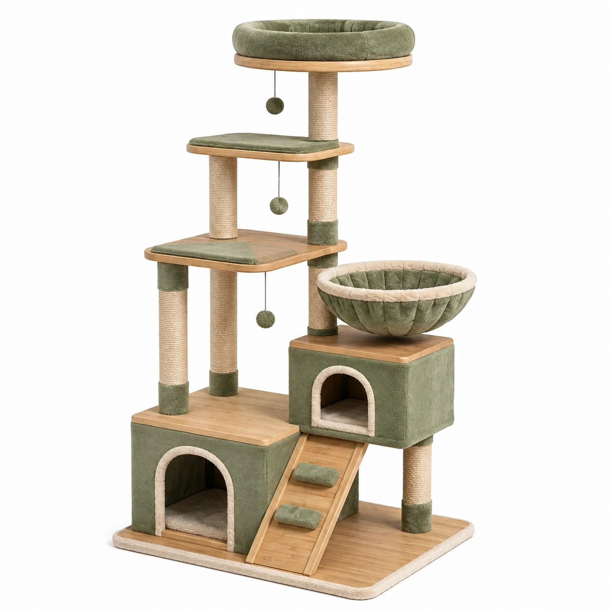 Arbre à chat 60 x 50 x 170 cm en bois et sisal vert avec niches plateformes et griffoirs