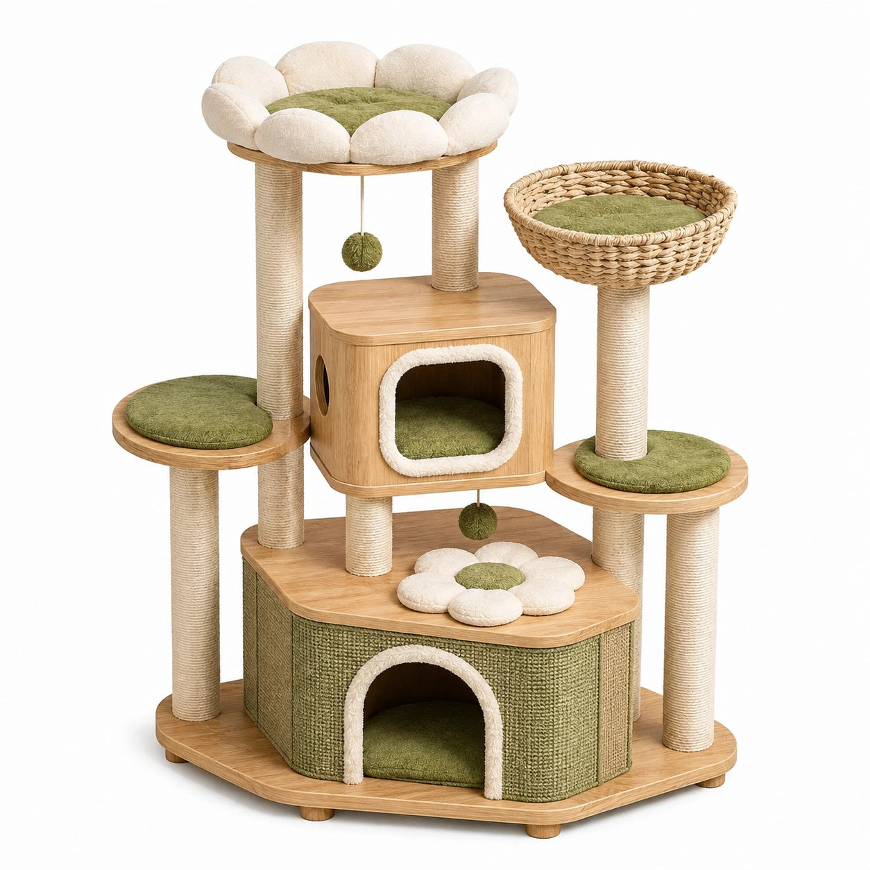 Arbre à chat 90 x 60 x 160 cm en bois beige et vert avec griffoirs et niches