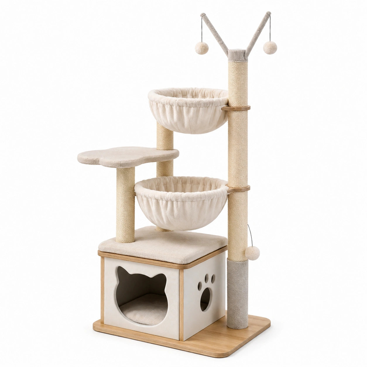 Arbre à chat 60 x 50 x 150 cm en bois beige avec griffoirs en sisal et hamacs