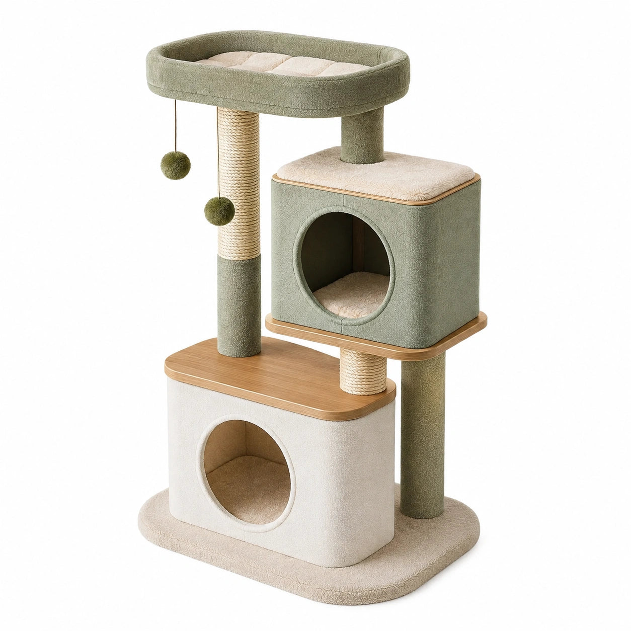 Arbre à chat 60 x 50 x 130 cm en bois et peluche vert sauge avec griffoirs et niches