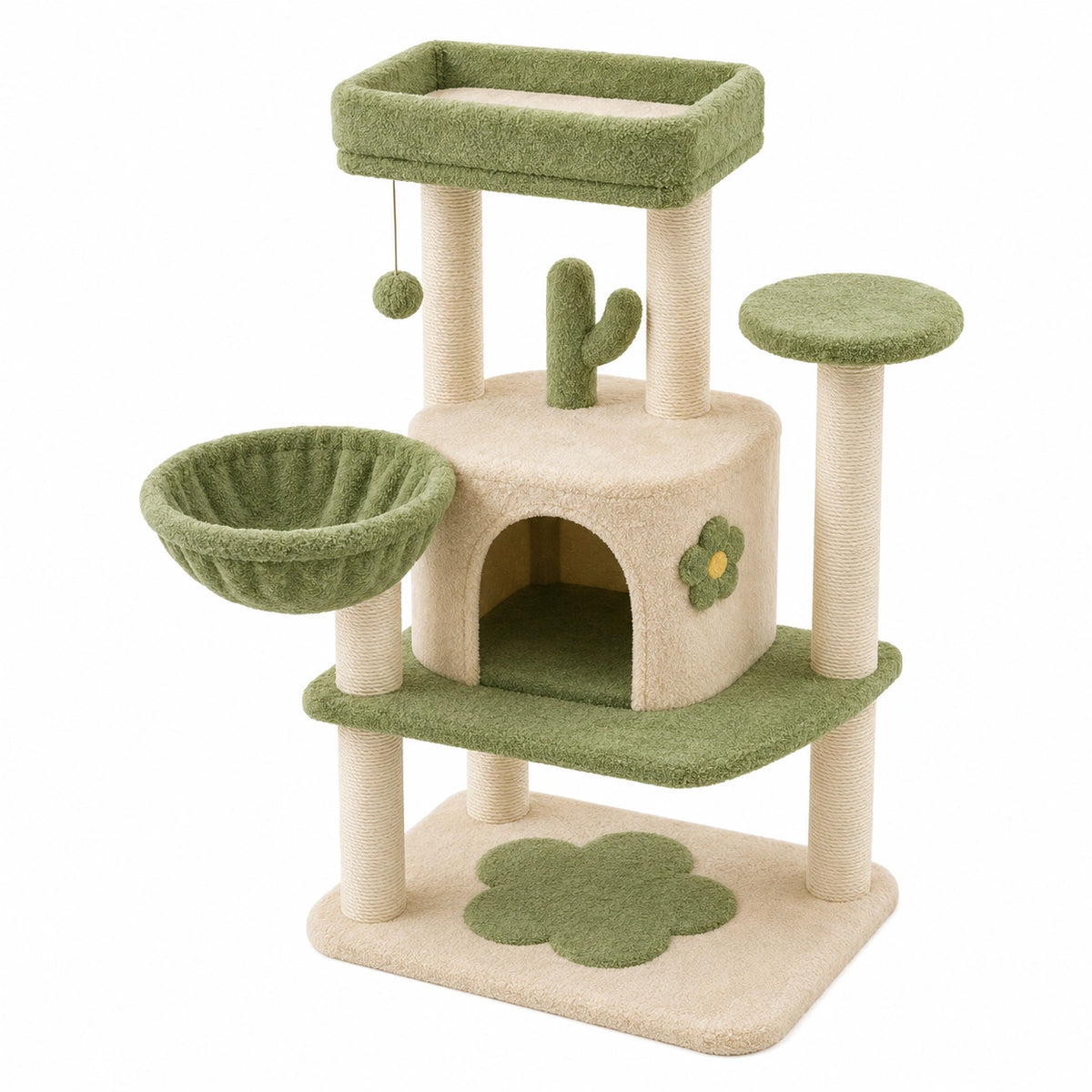 Arbre à chat 60 x 50 x 120 cm en peluche vert beige avec griffoirs et niche