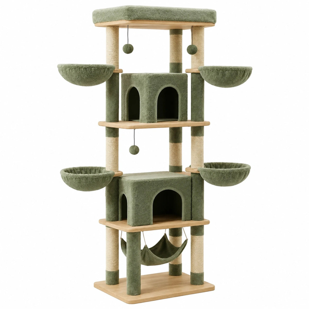 Arbre à chat 60 x 60 x 170 cm en bois et sisal vert avec niches et hamac
