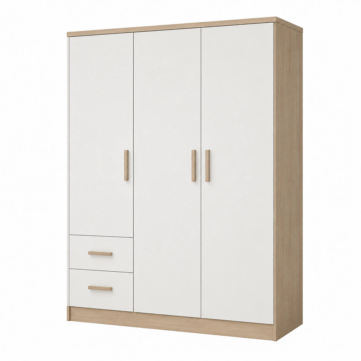 Armoire 3 portes 2 tiroirs 120 x 50 x 180 cm panneaux effet bois blanc chêne clair style contemporain