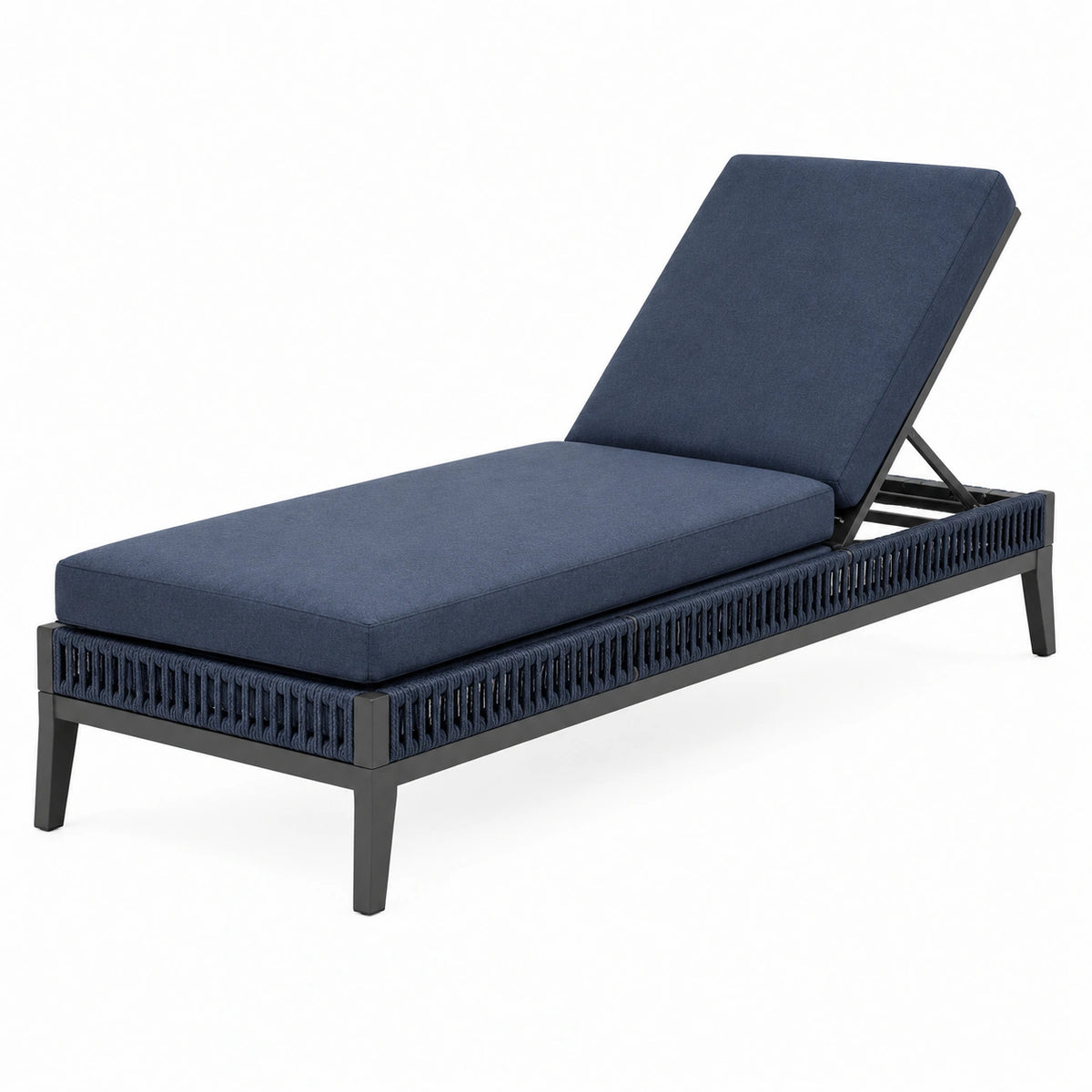 Chaise longue 200 x 70 cm bleu marine en métal et corde tressée - dossier inclinable extérieur