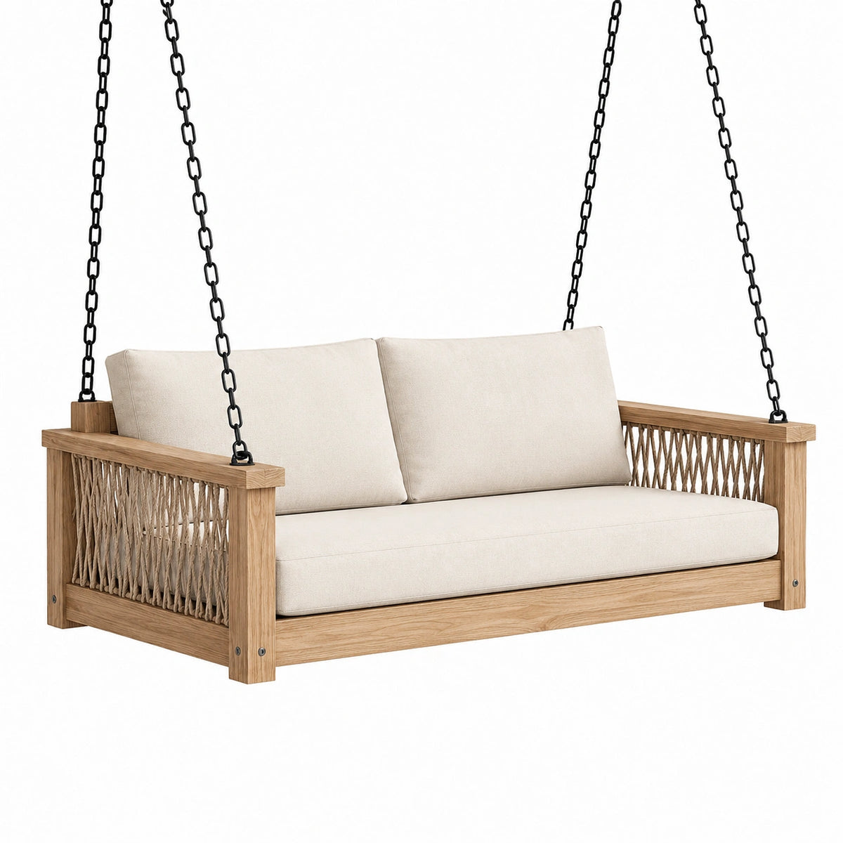 Balancelle de jardin 150 x 70 x 65 cm en bois naturel et corde beige style bohème pour extérieur couvert
