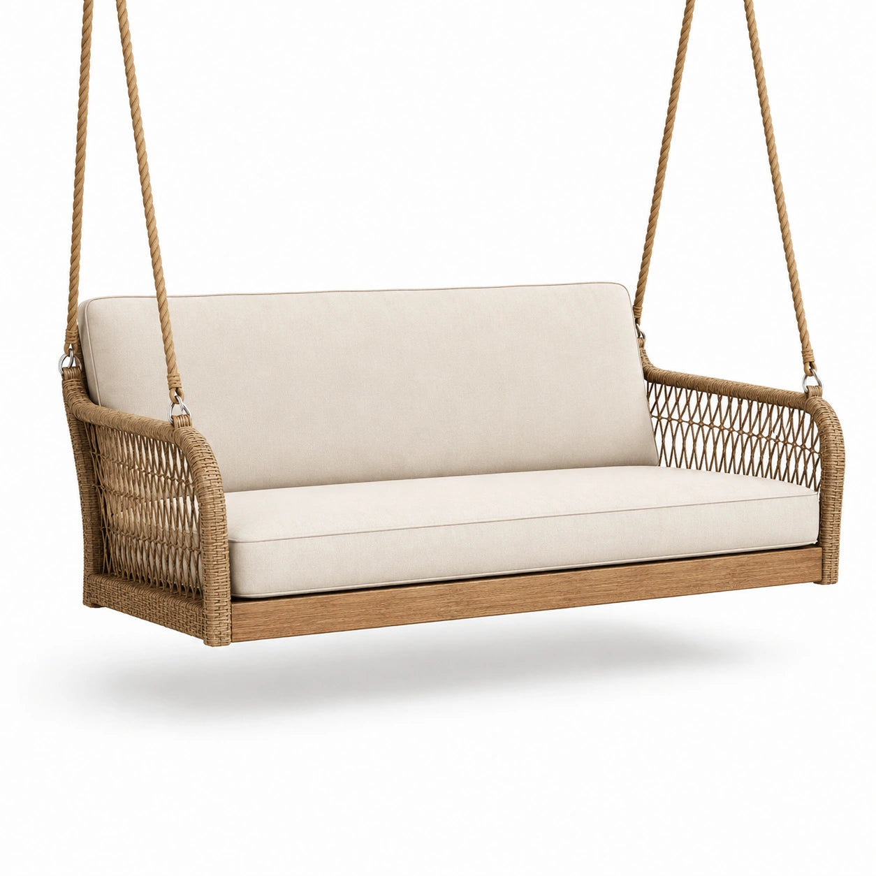 Balancelle suspendue 140 x 70 cm en fibres tressées beige pour terrasse style naturel